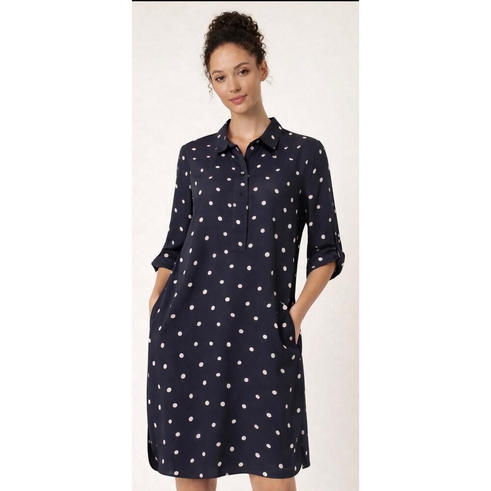 HOBBS LONDON Navy White Polkadot Shirtdress Size 6 Classic Minimalist